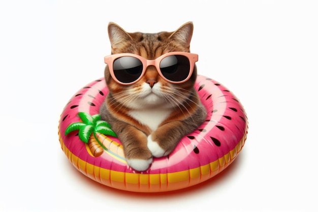 cat in an inflatable ring and sunglasses on a white background