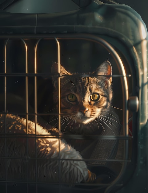 a cat inside a pet carrier illuminated with a warm light highlighting its eyes and fur