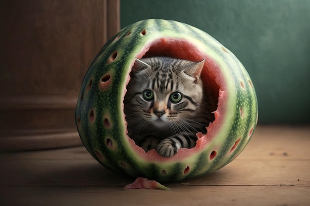 Cat inside watermelon illustration generative ai