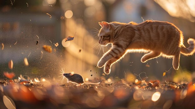 Photo a cat is chasing a mouse