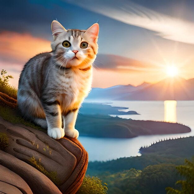 A cat is on a cliff with a sunset in the background.