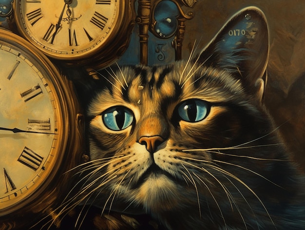 A cat is next to a clock with the numbers 10 and 10.