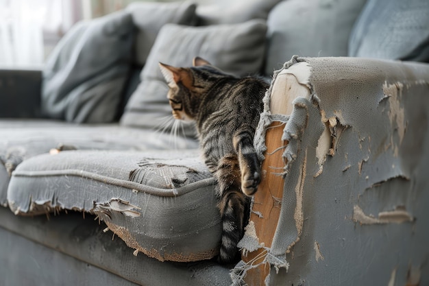 A cat is on a couch with a pillow that has been ripped up