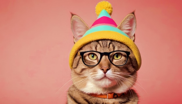 The cat is dressed in a bright hat Funny cute and unusual image