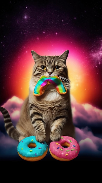 A cat is eating a donut with a rainbow donut in its mouth.