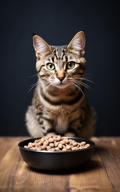 A cat is eating food from a bowl