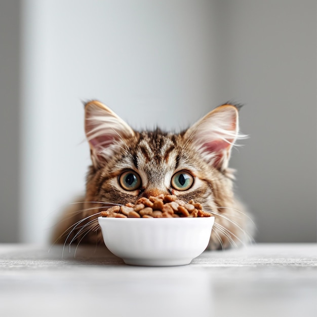 a cat is eating some food from a bowl