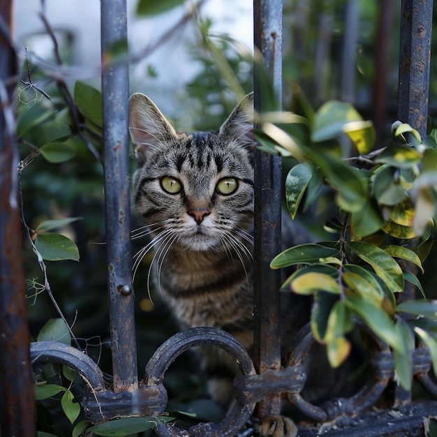 Photo a cat is behind a fence with a green eye