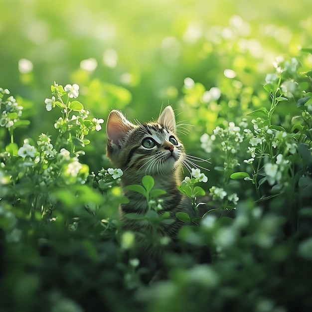 Photo a cat is in the grass with flowers