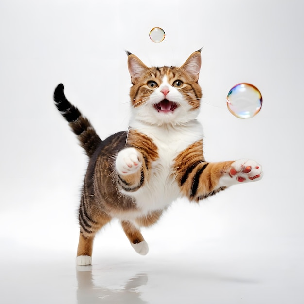 a cat is jumping in the air and the bubbles are in the air