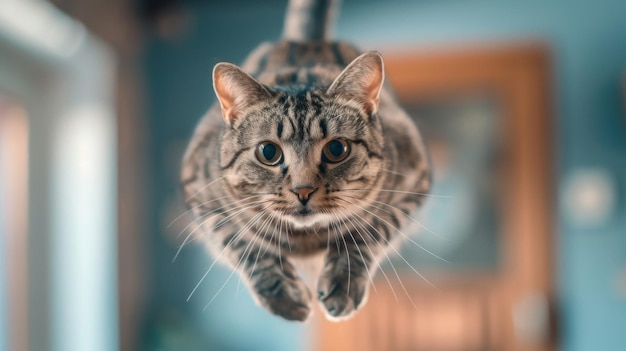 A cat is jumping in the air and looking at the camera