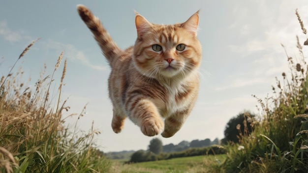 a cat is jumping in the air with a sky background