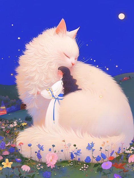 a cat is kissing a cat that is in a field of flowers