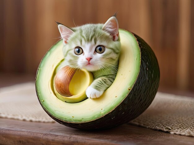 Photo a cat is laying in a avocado that is cut in half