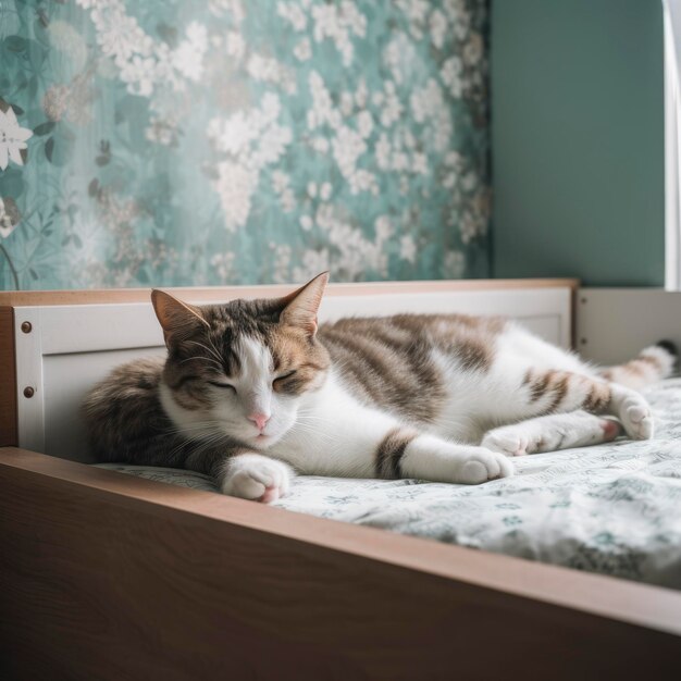 A cat is laying on a bed with a floral wallpaper on the wall.