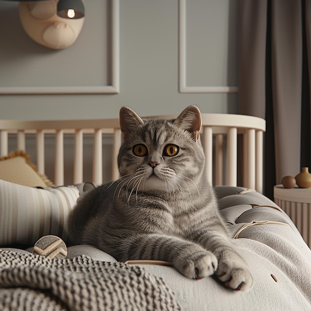 Photo a cat is laying on a bed with a lamp behind it