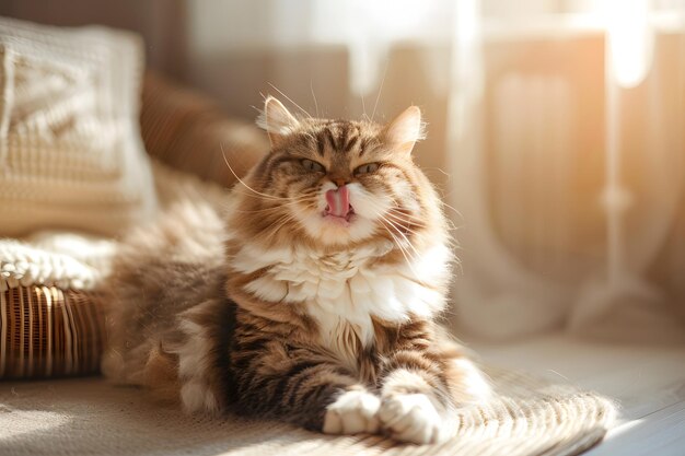 A cat is laying on a blanket and licking its paw