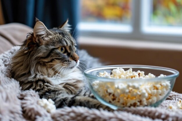 Photo a cat is laying on a blanket with a bowl of popcorn