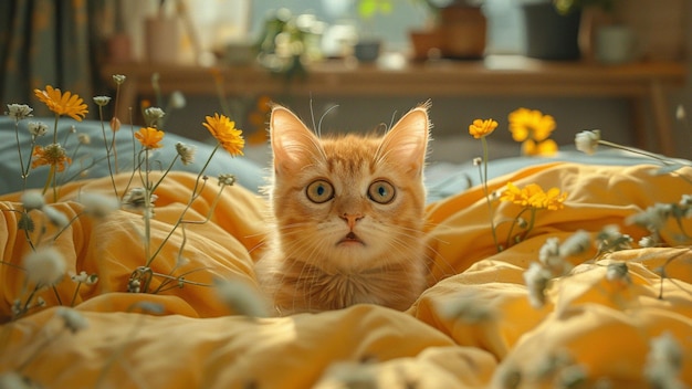 a cat is laying in a blanket with yellow flowers