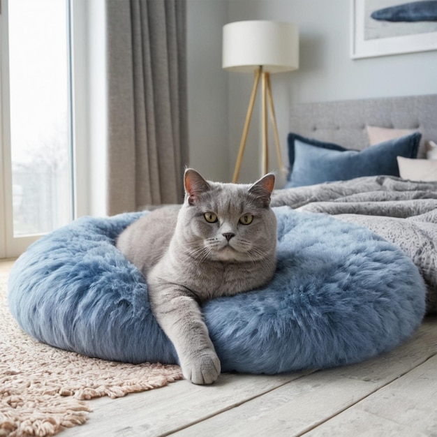 a cat is laying on a blue bean bag