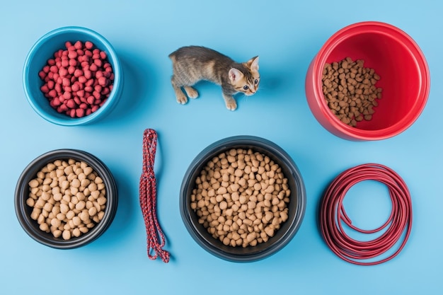 Photo a cat is laying on a blue surface with a bowl of food and a spoon generative ai image