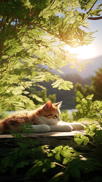 Photo a cat is laying on a book with the sun shining through the leaves