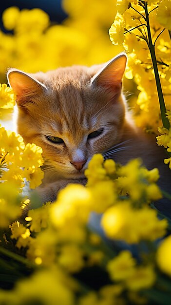 Photo a cat is laying in a bunch of yellow flowers