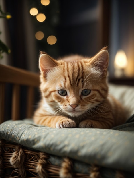 a cat is laying on a chair with a christmas tree in the background