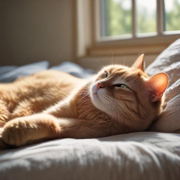 a cat is laying on a couch with the sun shining on its eyes