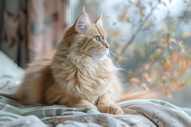 Photo a cat is laying on a couch with the sun shining through the window