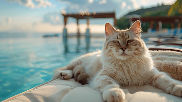 a cat is laying on a cushion next to a pool