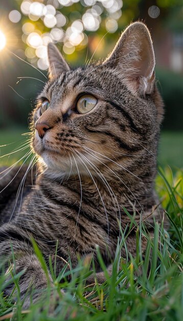 a cat is laying in the grass with the sun shining through