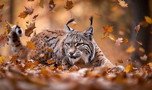 a cat is laying in the leaves of a tree