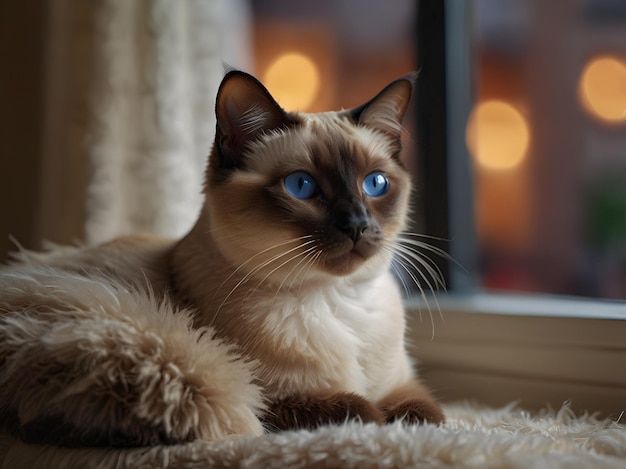 Photo a cat is laying on a rug by a window