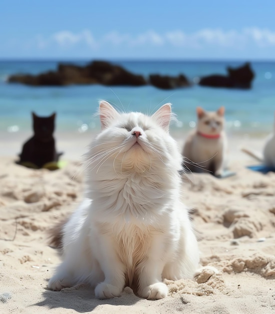 a cat is laying on the sand with the ocean in the background