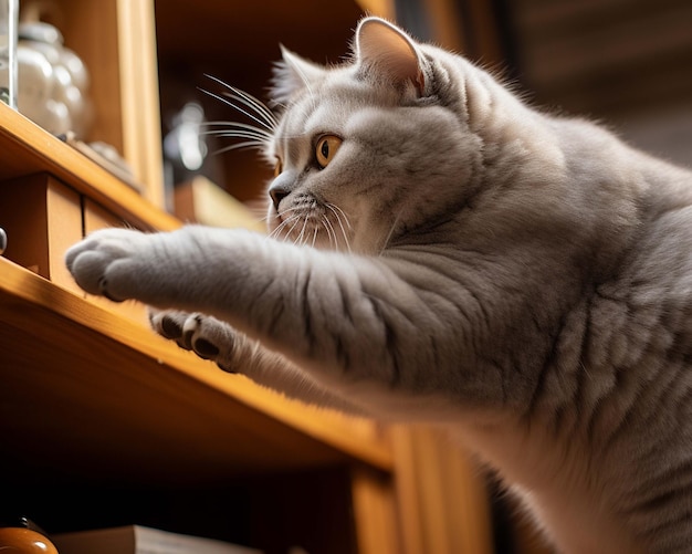 a cat is laying on a shelf and is looking at something