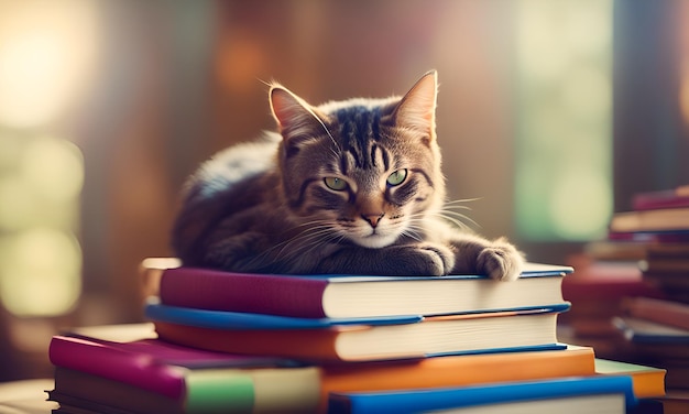 a cat is laying on a stack of books