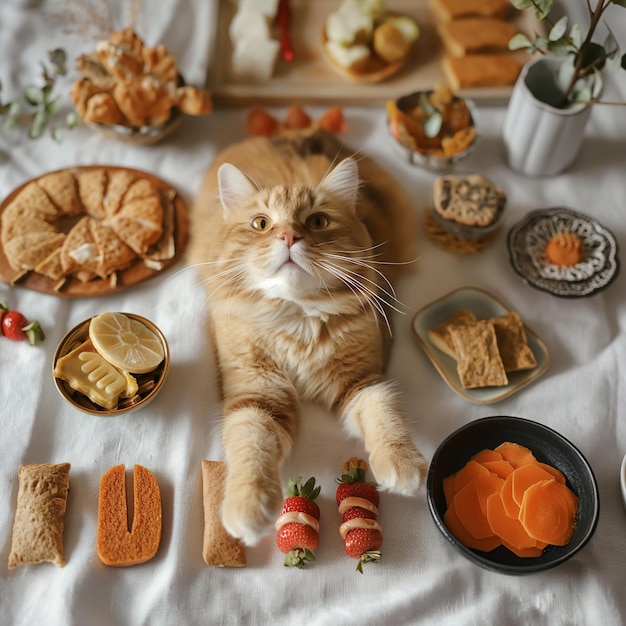 a cat is laying on a table with food and a plate of cookies