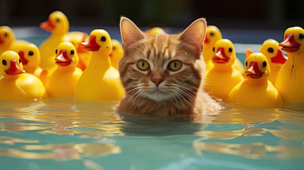 a cat is laying in the water with a group of ducks.