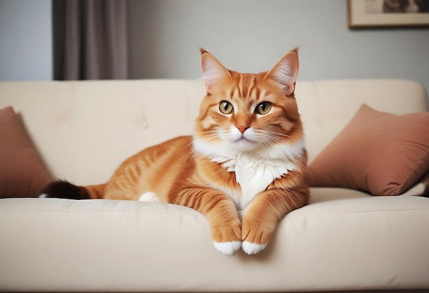 a cat is laying on a white couch with a person sitting on the couch