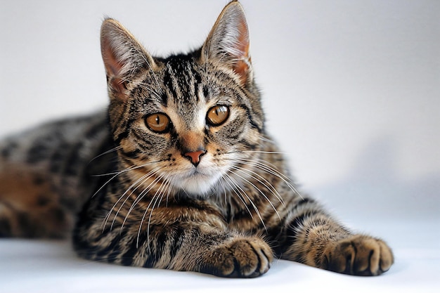 a cat is laying on a white surface with a black and brown striped cat