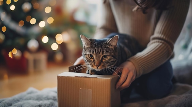 a cat is looking at a box that has the words christmas on it