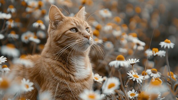 a cat is looking at the camera in a field of flowers