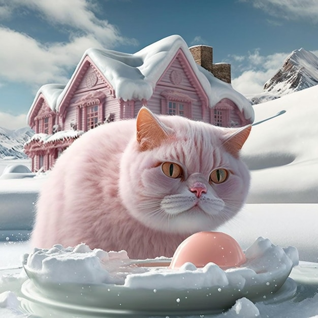 A cat is looking at an egg in the snow.