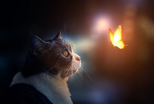 The Cat is looking on Fantastic light Butterfly.