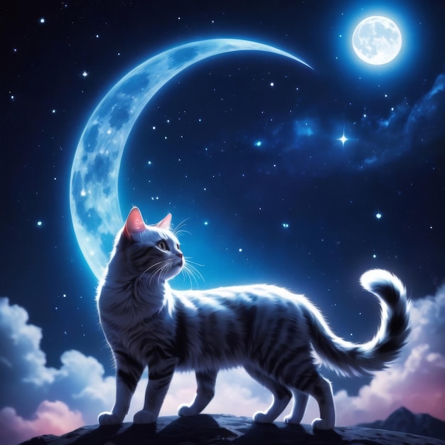 a cat is looking at the moon and the moon is behind it