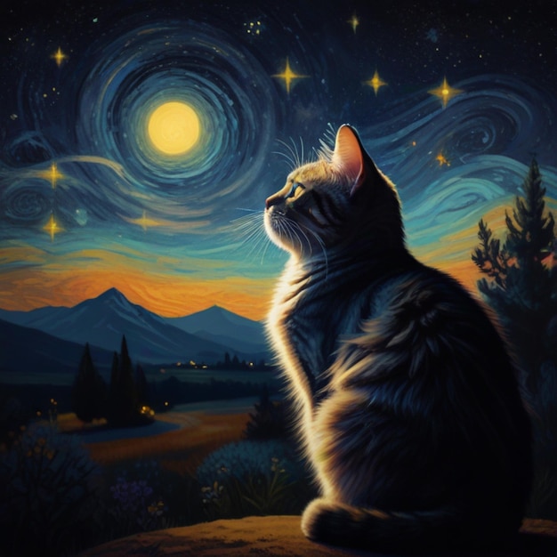 a cat is looking at the moon and the stars are in the sky