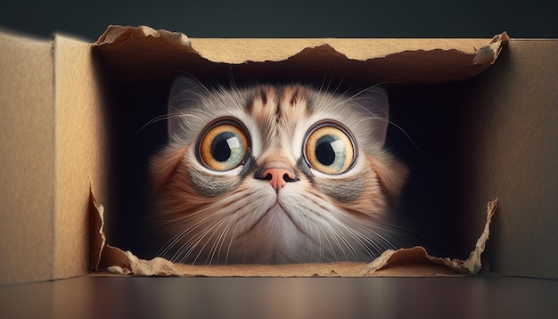 A cat is looking out of a cardboard box with the words cat in the corner.