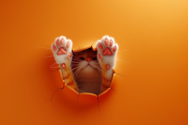 A cat is looking out of a hole in a wall