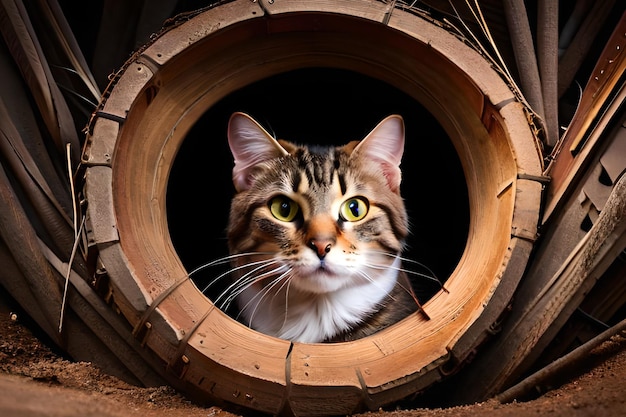 A cat is looking out of a tire.